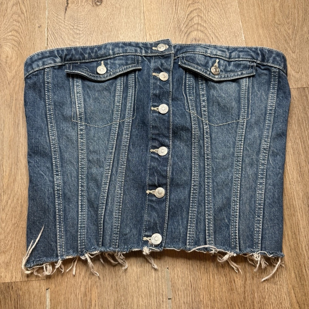 Zara Denim Bustier Corset‎ Distressed Festival Y2K Button Up Pockets Top XXL